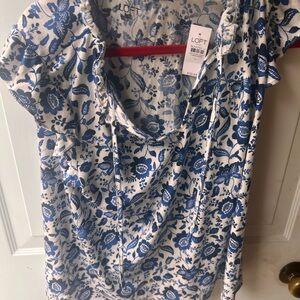 LOFT White and Blue Floral Blouse